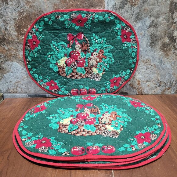 Vintage Ginger Bread Men Candy Canes Placemats Oval Green Quilted Set of 5 - Picture 3 of 11